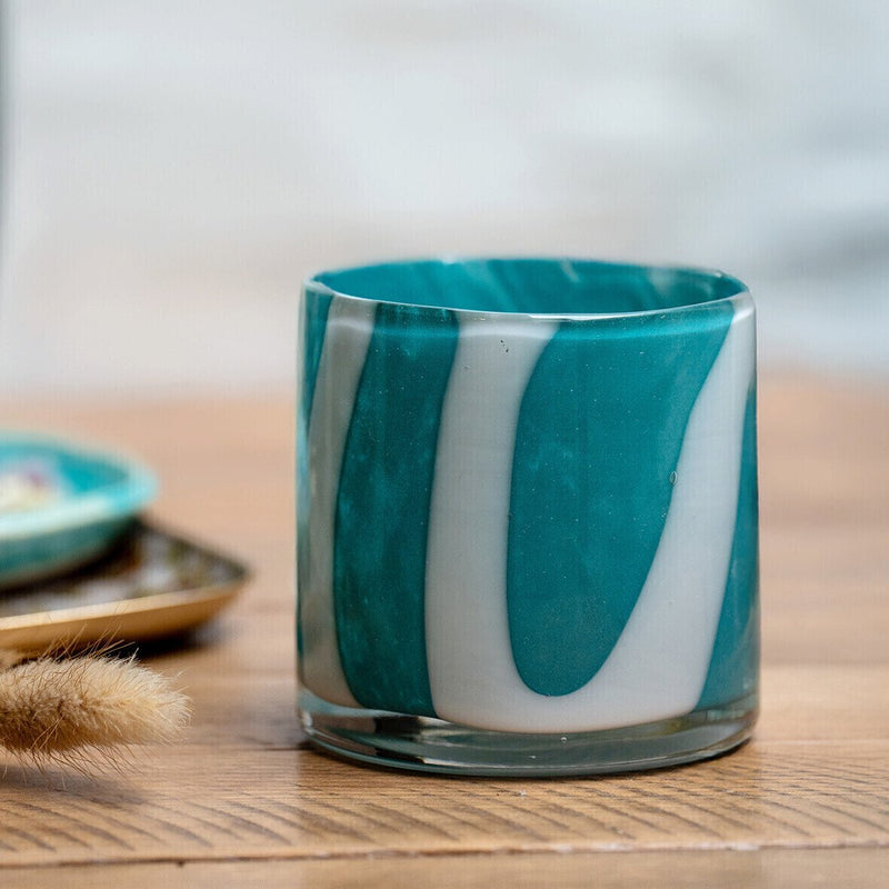 Striped blown glass candle jar PM, lagoon/foam