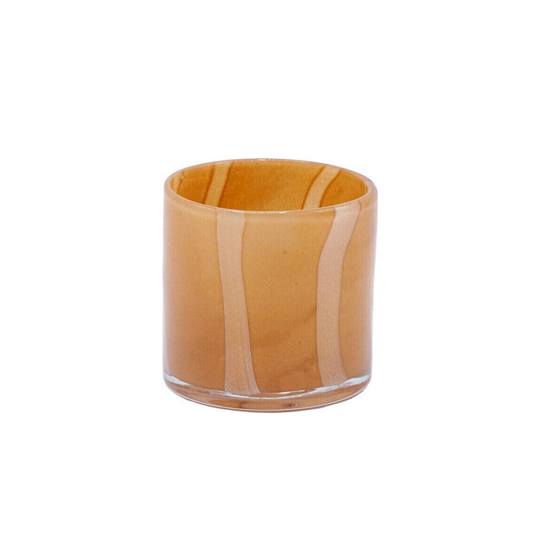 Pot à bougie en verre soufflé rayé PM, moka/beige