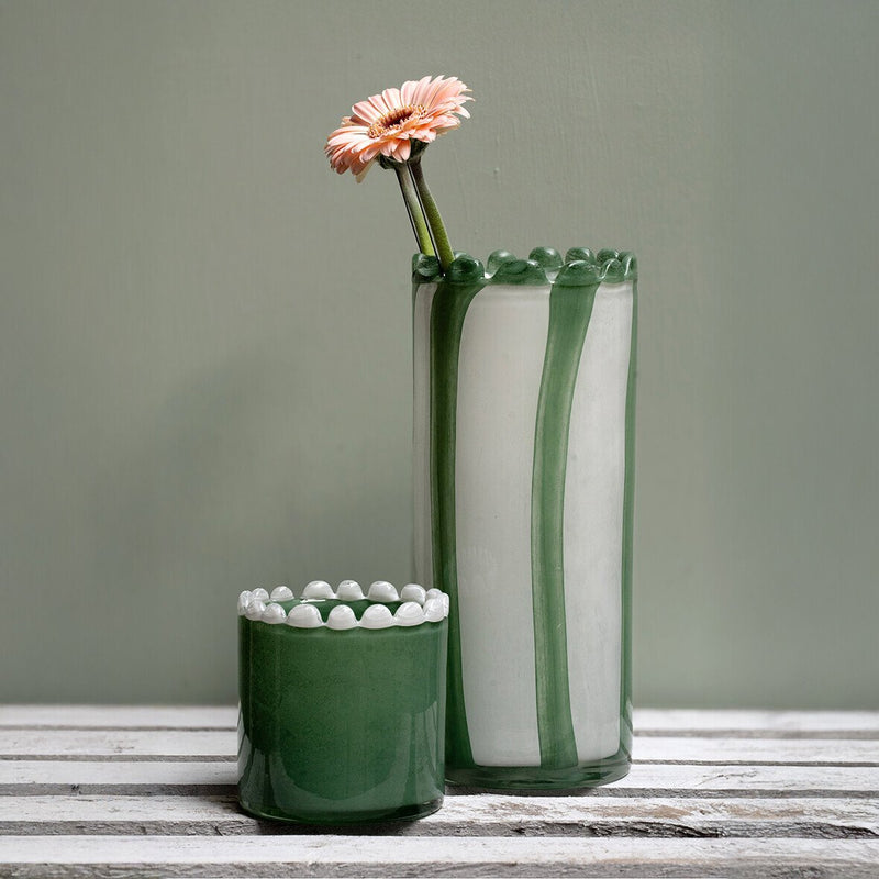 Green blown glass candle jar, white beaded rim