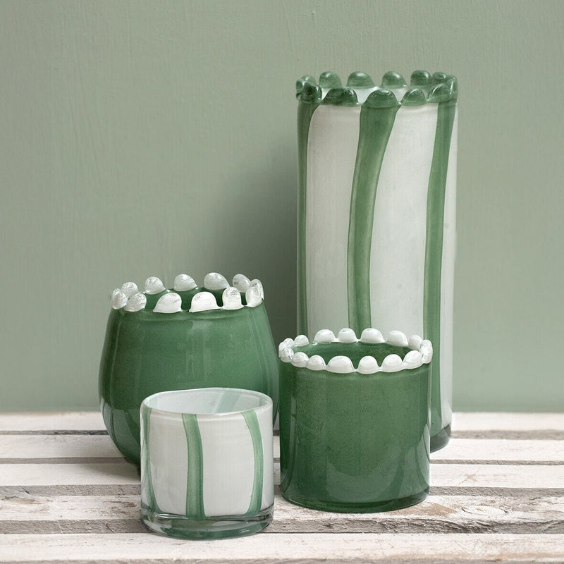 Striped blown glass candle jar PM, white/green