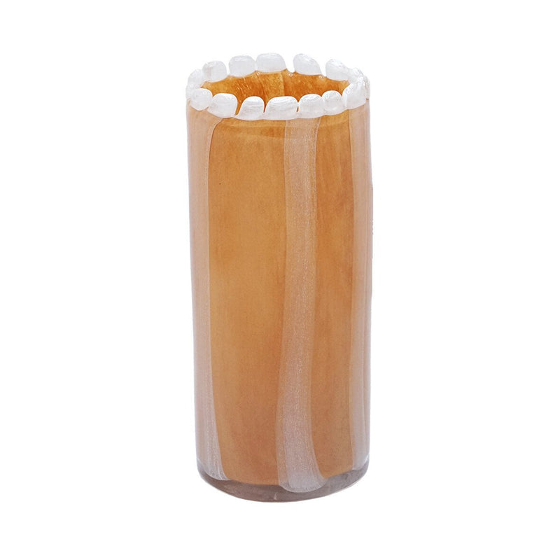 Straight vase, blown glass, mocha/beige stripes, ecru beaded edge