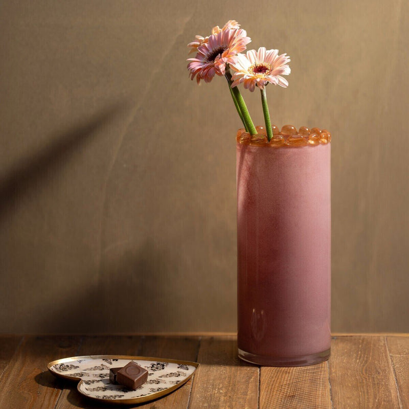 Straight vase, opaline blown glass, mocha beaded rim