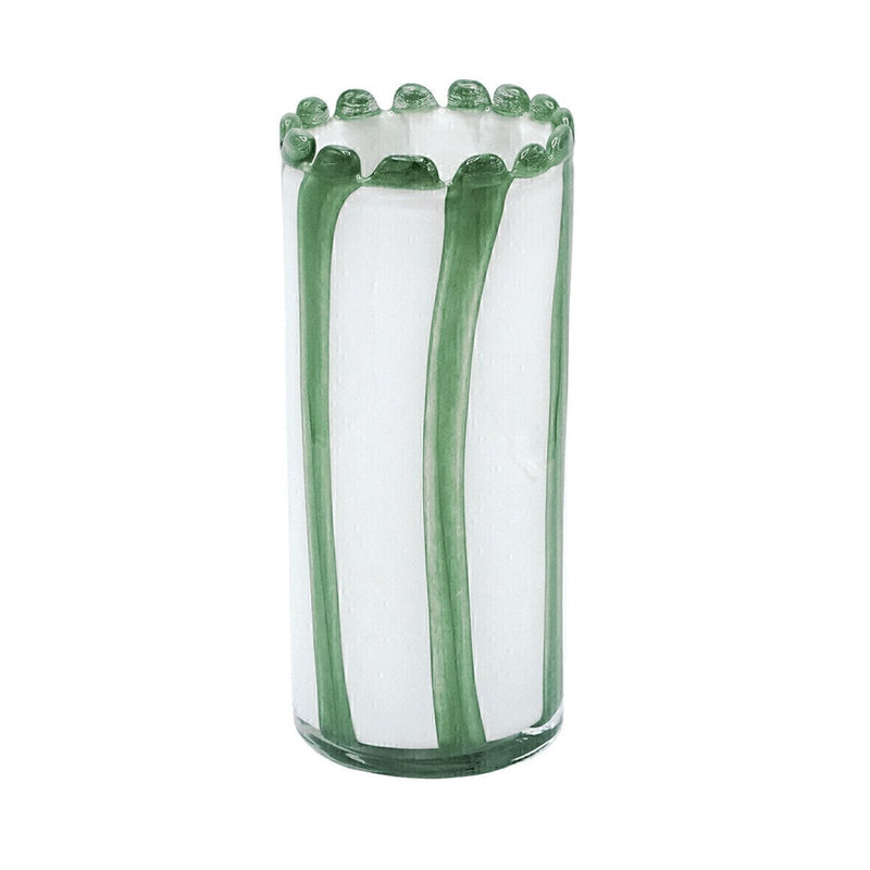 Straight blown glass vase, white/green stripes, green beaded rim