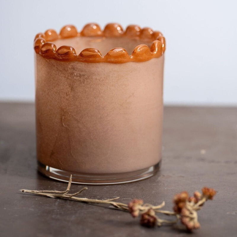 Candle jar, beige blown glass, mocha beaded rim