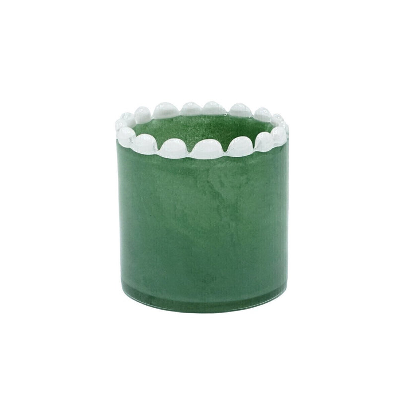 Green blown glass candle jar, white beaded rim