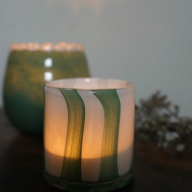 Striped blown glass candle jar PM, white/green