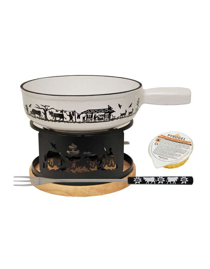 White fondue set Heidi cheese line