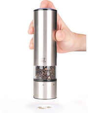 This electric salt and pepper mills in stainless steel duo touch mill peugeot