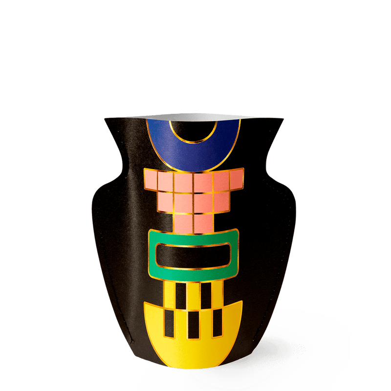 Black paper vase with a temple shape on it
