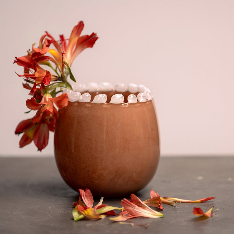 Round vase, mocha blown glass, ecru pearled edge