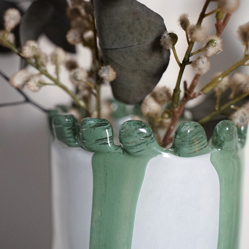 Straight blown glass vase, white/green stripes, green beaded rim