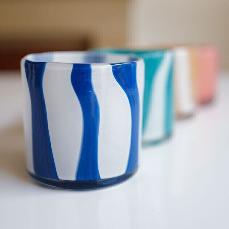 Striped blown glass candle jar PM, white/navy brown