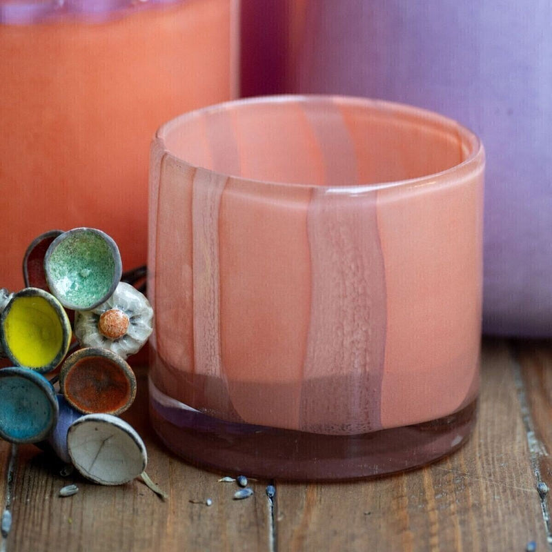 Striped blown glass candle jar PM, peach/lilac