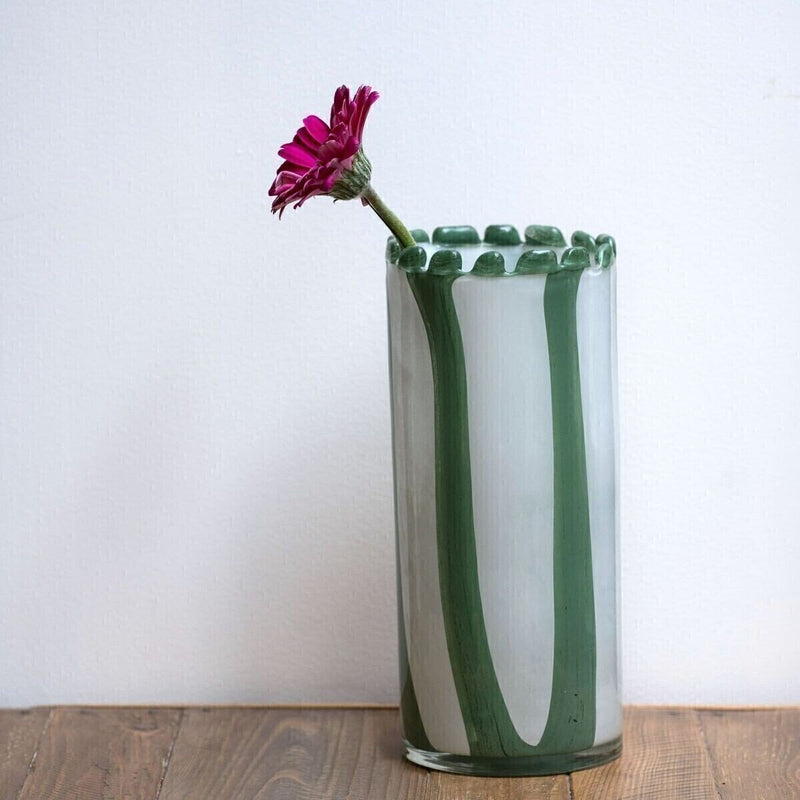 Straight blown glass vase, white/green stripes, green beaded rim