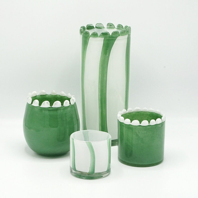 Round vase, green blown glass, ecru beaded edge