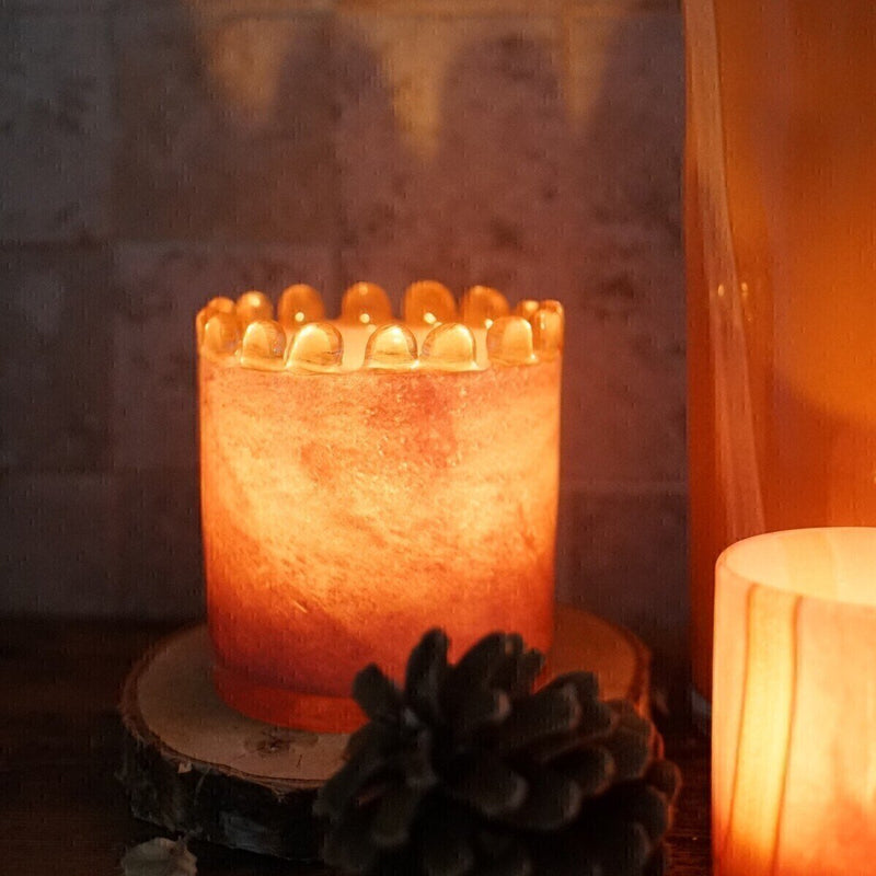 Candle jar, beige blown glass, mocha beaded rim