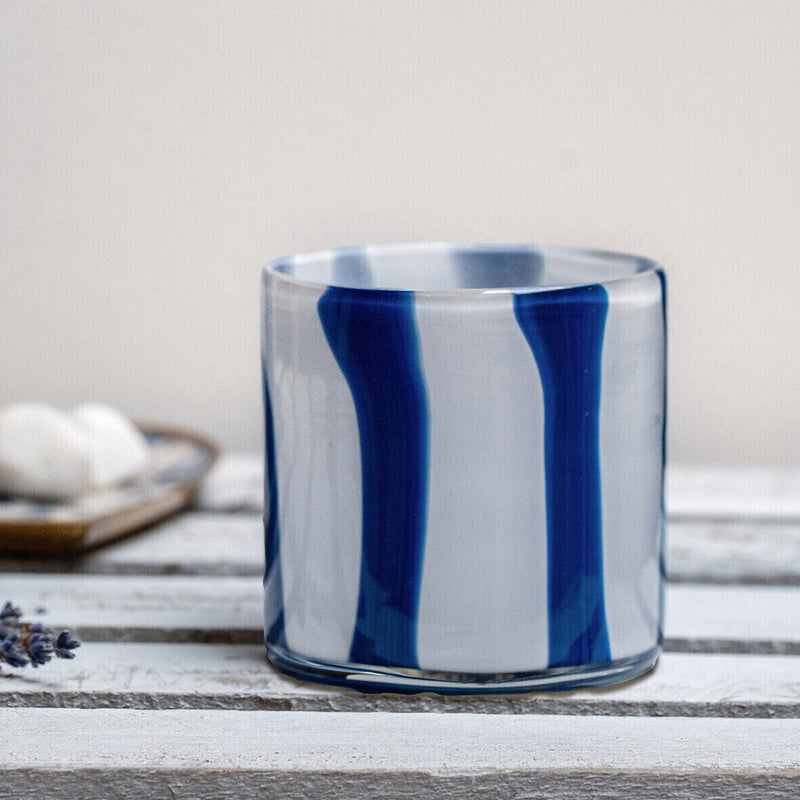 Striped blown glass candle jar PM, white/navy brown