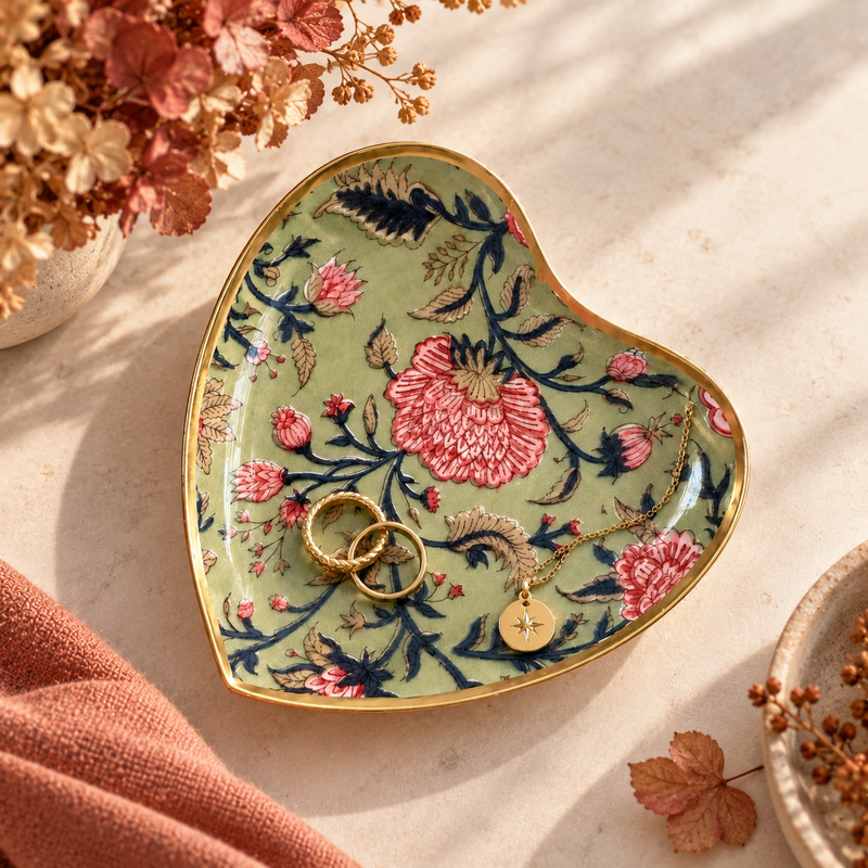 "Chambord" heart-shaped dish in enamelled metal, with a gold-coloured rim