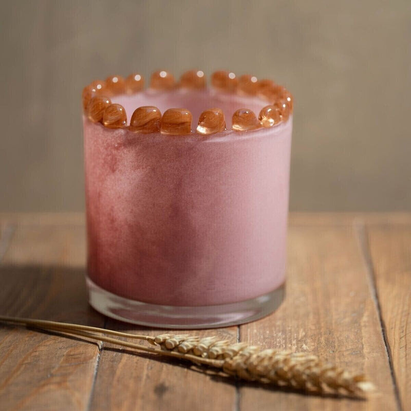 Candle jar, opaline blown glass, mocha beaded rim