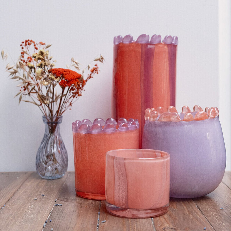 Striped blown glass candle jar PM, peach/lilac