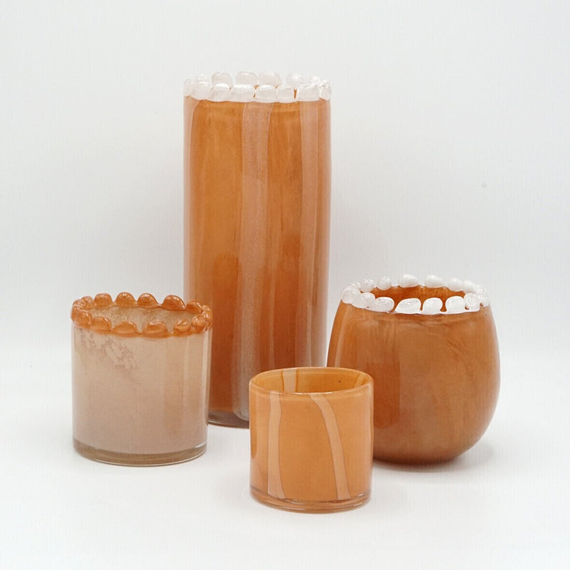 Straight vase, blown glass, mocha/beige stripes, ecru beaded edge