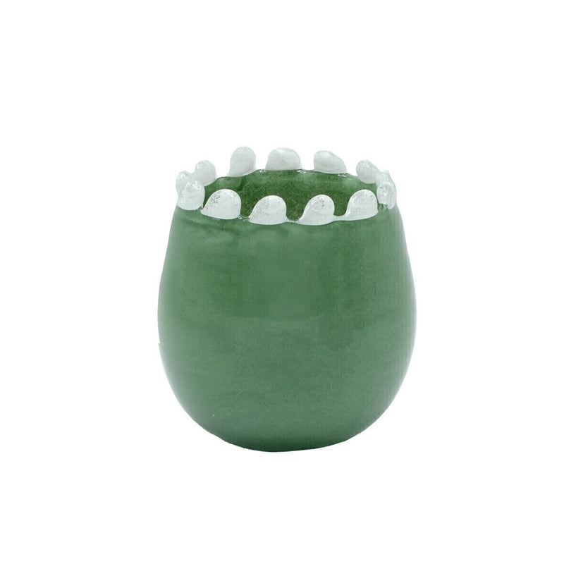 Round vase, green blown glass, ecru beaded edge