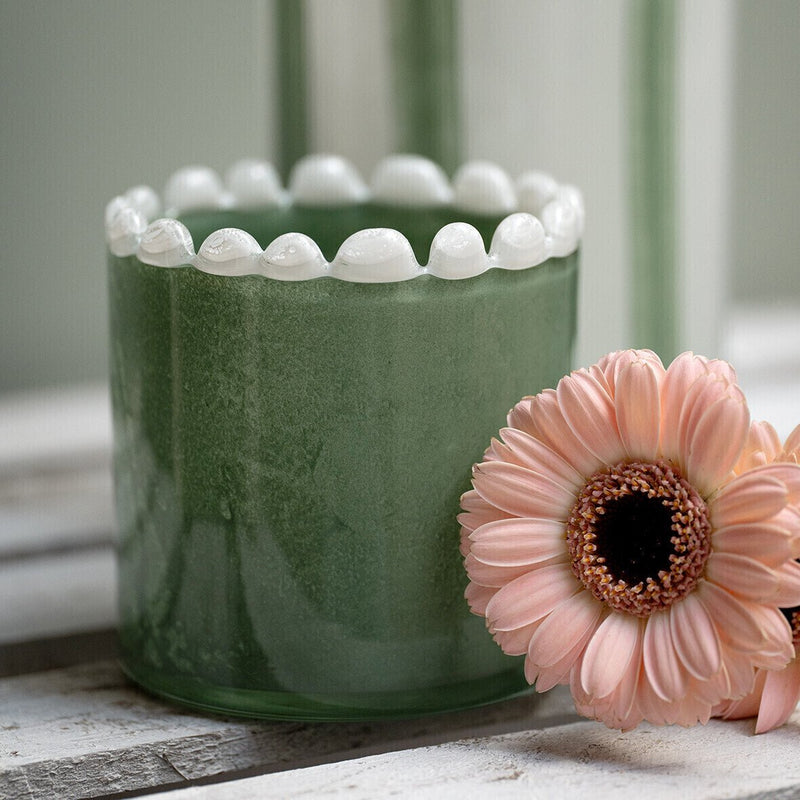 Green blown glass candle jar, white beaded rim