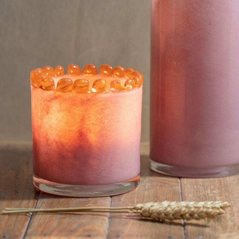 Candle jar, opaline blown glass, mocha beaded rim