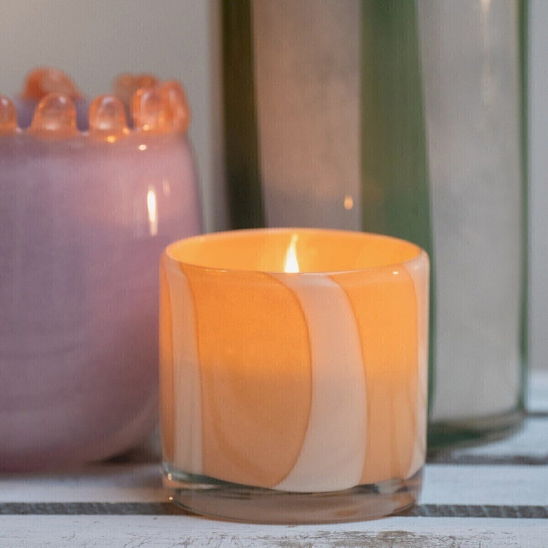 Striped blown glass candle jar PM, sand/white