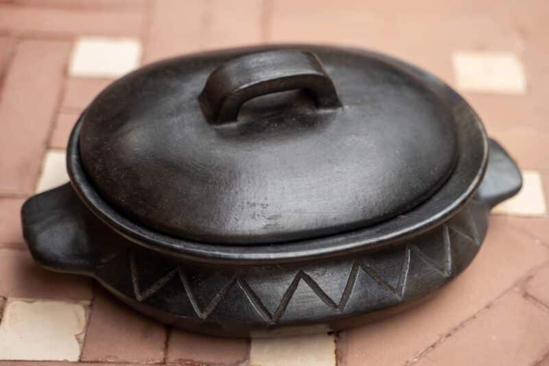 Black burned Oval Pot With Pattern and side handles
