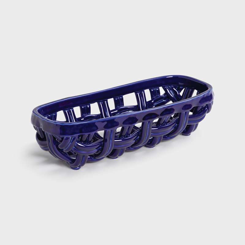 blue stoneware braided bread and baguette basket