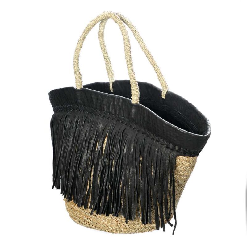 The Black Leather Fringed Basket - Natural Black