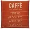 An orange cotton cushion with a phrase Caffe on it