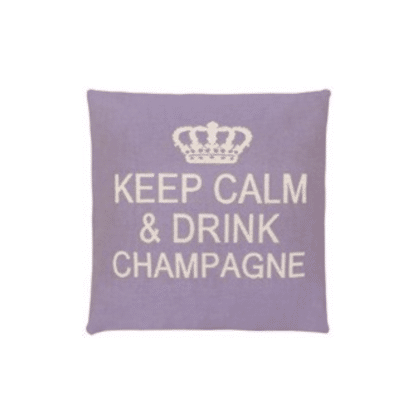 A lilac cotton cushion with a phrase Keep Calm & Drink Champagne on it