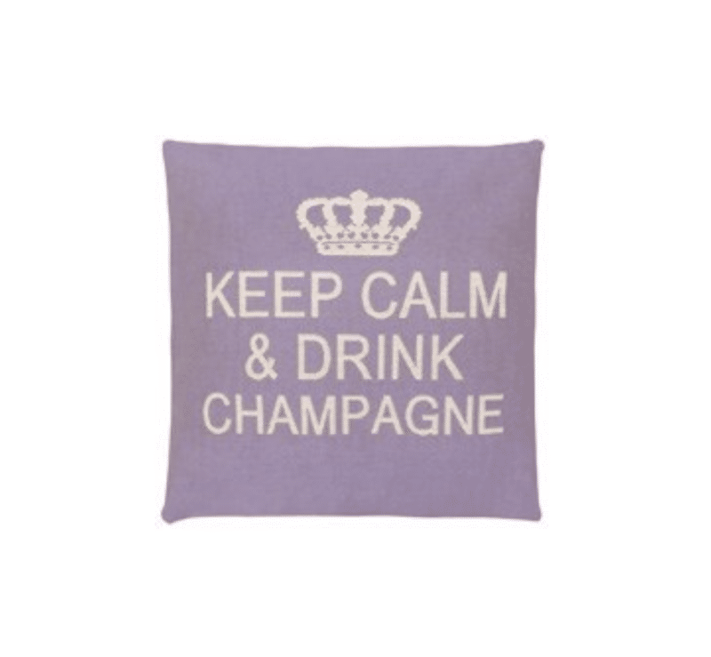 A lilac cotton cushion with a phrase Keep Calm & Drink Champagne on it
