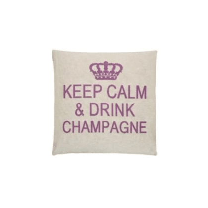 A beige cotton cushion with a phrase Keep Calm & Drink Champagne on it