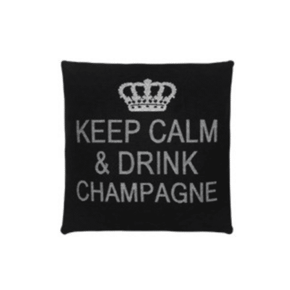A black cotton cushion with a phrase Keep Calm & Drink Champagne on it