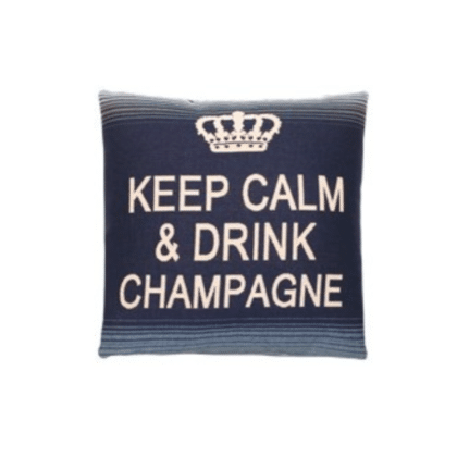 A blue cotton cushion with a phrase Keep Calm & Drink Champagne on it