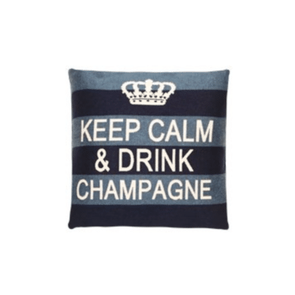 A blue cotton cushion with a phrase Keep Calm & Drink Champagne on it