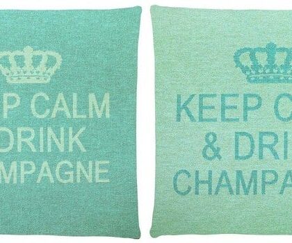 2 mint cotton cushion with a phrase Keep Calm & Drink Champagne on it