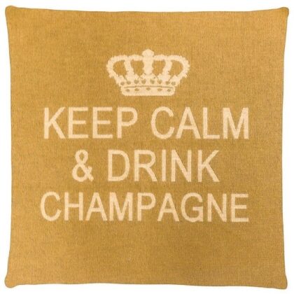 A gold cotton cushion with a phrase Keep Calm & Drink Champagne on it