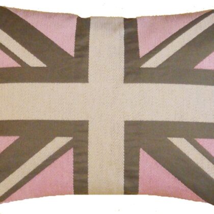 A pink cotton cushion with United Kingdom flag on it