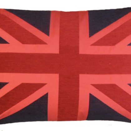 A red cotton cushion with United Kingdom flag on it