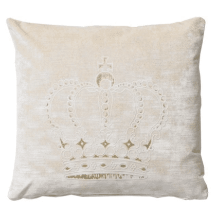 A beige cotton velvet cushion with a crown pattern