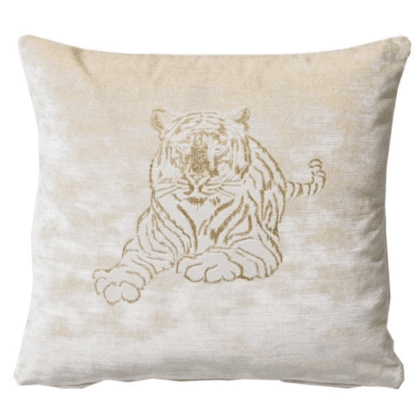 A beige cotton velvet cushion with a panther pattern
