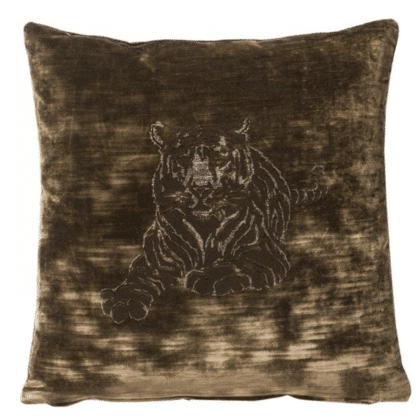 A brown cotton velvet cushion with a panther pattern