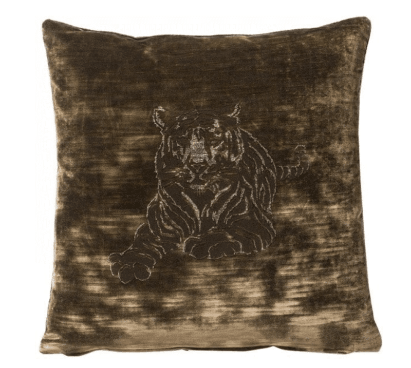 A brown cotton velvet cushion with a panther pattern