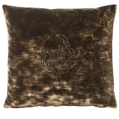 A deep black cotton velvet cushion with a rose pattern