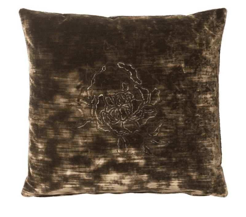 A deep black cotton velvet cushion with a rose pattern