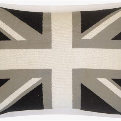 A grey cotton cushion with United Kingdom flag on it